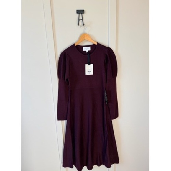 Pomander Place Dresses & Skirts - Pomander Place Brielle Sweater Dress Burgundy Puff Sleeve Midi Winetasting soft